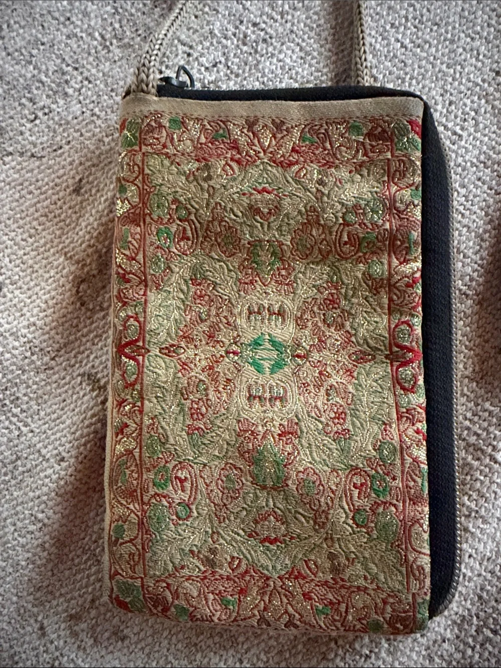 Woven metallic India Crossbody phone pouch in gold Red & Green